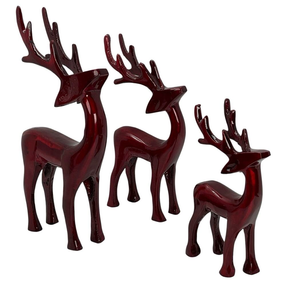 Set of 3 Glossy Red Metal Reindeer Figurines Modern Sleek Holiday Décor